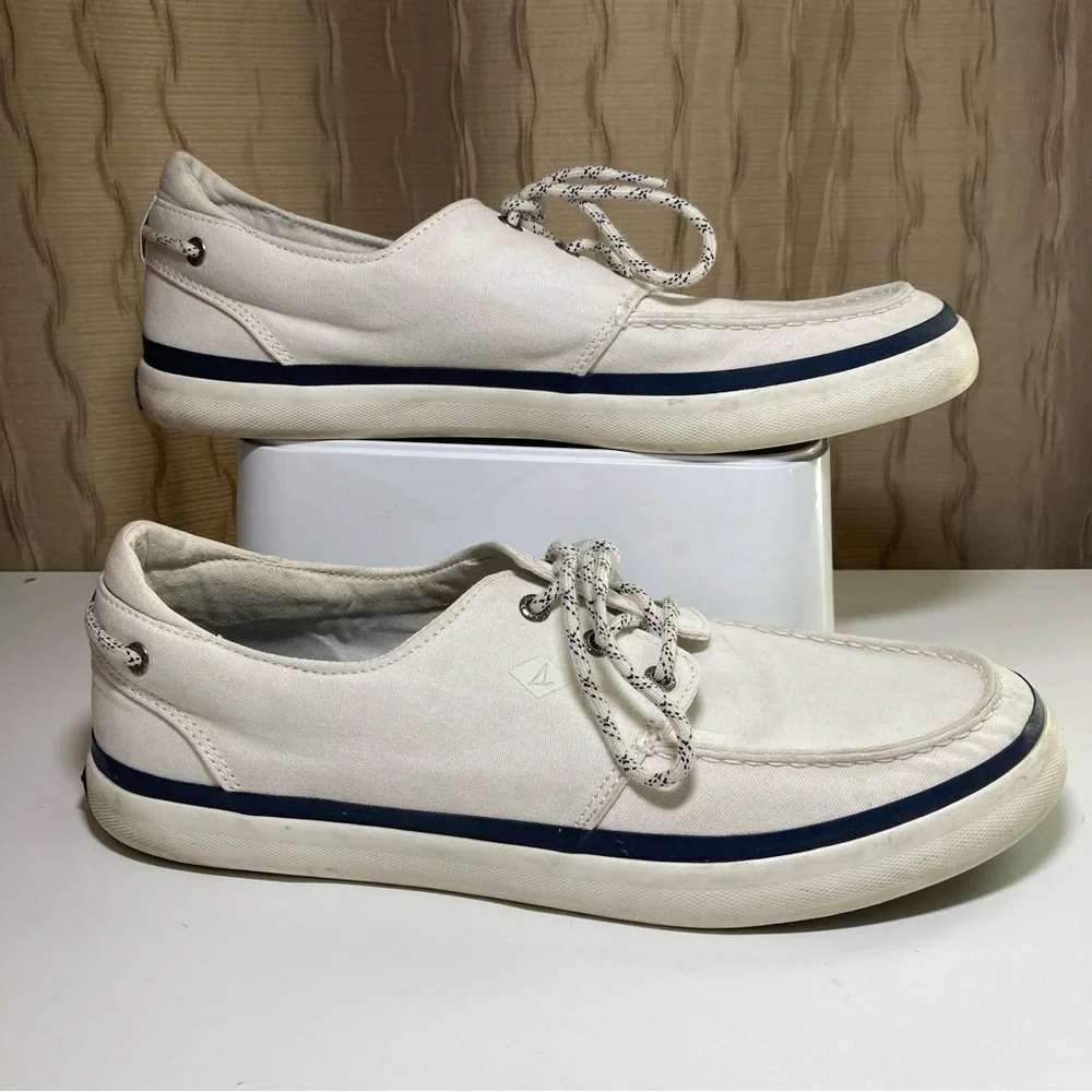 Sperry Top Sider Men's 11.5 Halyard Boat Shoes Tie Canvas 3 Eye White STS19141
